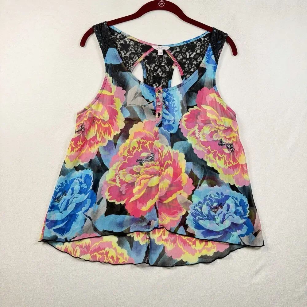Candie’s Sheer Floral Blouse Womens Large Lace Racerback Hi Low Hem Top